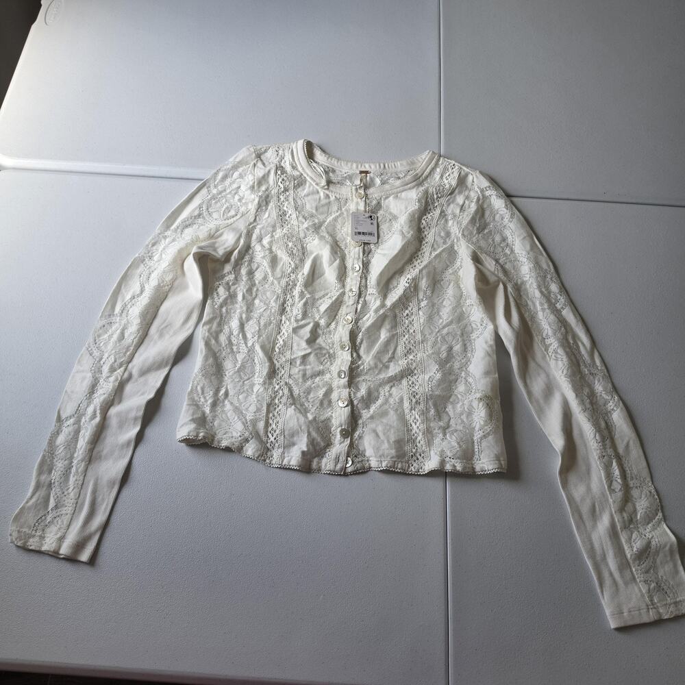Free People Cardigan Sweater Womens XL White Lace Crochet Button Sheer Knit